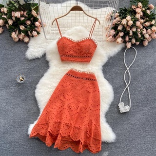 Bohemian Holiday Style Suit Female Summer Sexy Camisole Female Hollow High Waist A-line Skirt Two-piece