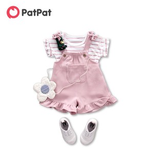 PatPat 2-piece Cute Striped Top and Ruffle-cuffs Overalls for Baby Girl
