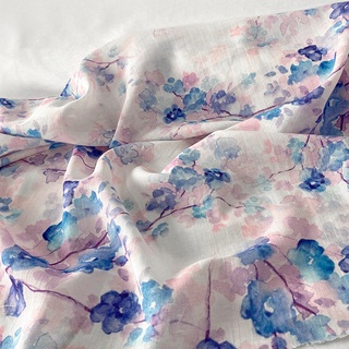 Wholesale Price Purple Blue Flower Ramie Ink Tie-Dyed Printed Fabric Cotton Linen and Wind Han Chinese Clothing Cheongsam Skirt Spring and Summer Fabric