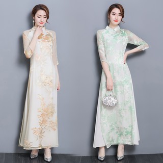 Chinese style retro dress, long style improved Tang style cheongsam