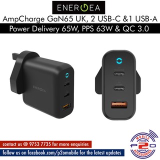 Energea AmpCharge GaN65 UK Chargers | Power Delivery 65W, PPS 63W and Quick Charge 3.0 | 2 USB-C and 1 USB-A output