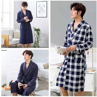 2021 New Spring Autumn Bathrobe Men Cotton Sleep Robe Long Sleeve Sleepwear