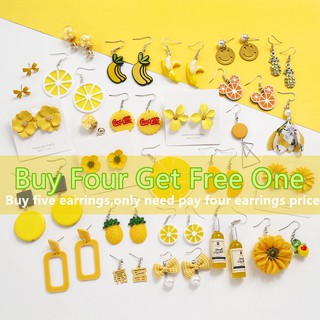 Korean Fashion Sweet Pineapple Yellow Earrings Lovely And Elegant Smiling Face Earrings Bowknot Geometry Fruit Studs