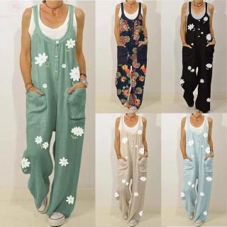 Overalls Floral Romper Playsuits Loose Cotton Linen Dungarees Trousers Flowers Womens Spaghetti Strap Overalls