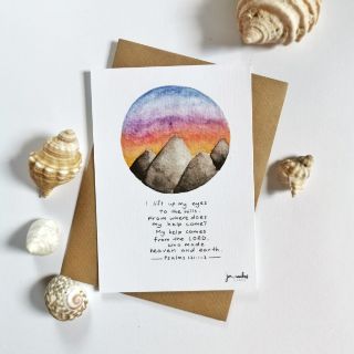 Psalm 121 Watercolour Christian Postcard Mountains and Sunset for Easter and Good Friday
