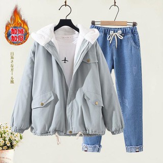 ◈Winter 2020 new female student thickened hooded BF tooling cotton wool lamb cloth clothing plus velvet set