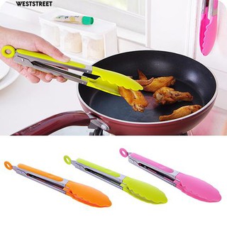 🔥Silicone Cooking Salad Stainless Handle Serving BBQ Tongs Kitchen Utensil