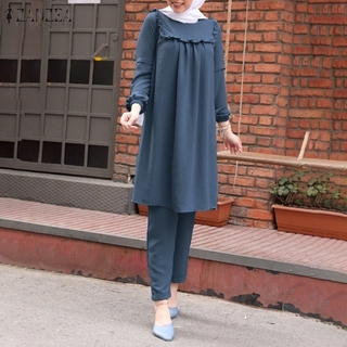 ZANZEA Women Elastic Cuff Ruffle-Trim Solid Color Loose Muslim Suits