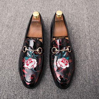 Men Dress Formal Shoes Flower Shining Patent Leather Horsebit Business