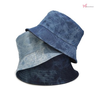 B&S √Women Bucket Cap Denim Tie Dye Print Reversible Washed Flat Top Wide Brim Casual Holiday Beach Sun Outdoor Hat