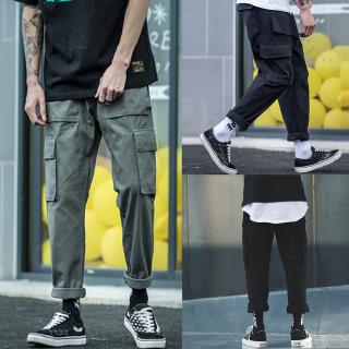 Men Multiple Pockets Cargo Pants Straight Bottom Solid Color Loose Casual Trousers