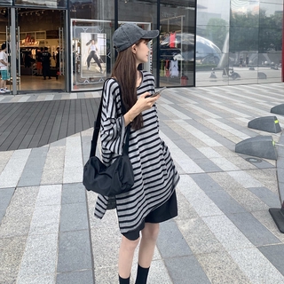【40-150kg】Womens Plus Size Striped T-shirt Oversized Korean Style Classic Striped Big Size Tee Round Neck Short Sleeves Big Loose Grey Stripe Tee Summer Maternity Pregnancy Casual Loose Fit Tops For Chubby Ladies