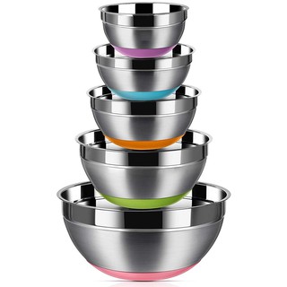 Stainless Steel Mixing Bowls (Set of 5), Non Slip Colorful Silicone Bottom Nesting Storage Bowls by Regiller, Polished Mirror Finish For Healthy Meal Mixing and Prepping 1.5-2 - 2.5-3.5 - 7QT