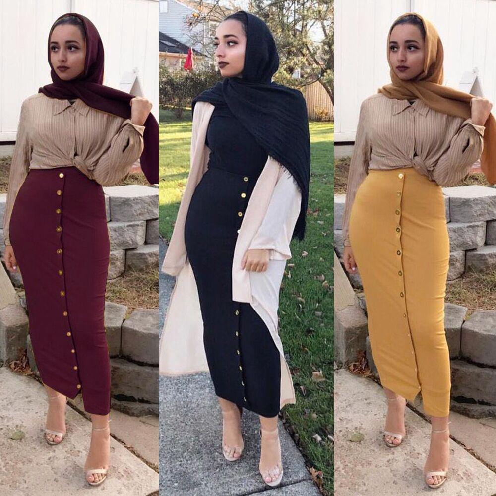 Women Maxi Skirts Muslim Fashion Bodycons Black Long Skirts Single Button Casual Skirt