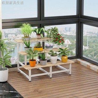 ✥Art Wuzhi wooden flower stand multi-layer indoor stepped floor pot wrought iron shelf outdoor balcony stand<
