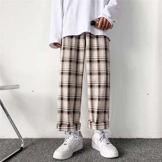 [COD&ready stock] Straight Checkered Pants Men Loose Plaid Trouser Student Couple Harajuku Mens Trousers Korean Style Pant Man Fashion Elastic Waist Male Slacks