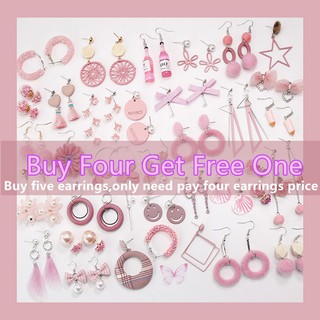 【In Stock】 Pink Earrings Korean Flower Sweet Geometric Earring Pearl For Women Tassel Ear Jewelry Dangle Earrings