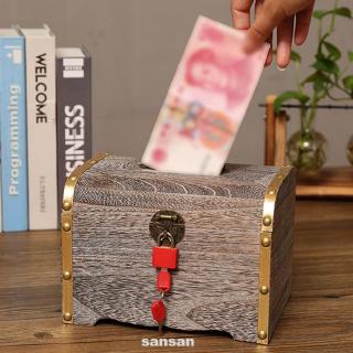 Money Lock Storage Box Exquisite With Keys Piggy Bank Gift Case Wooden Organizer
