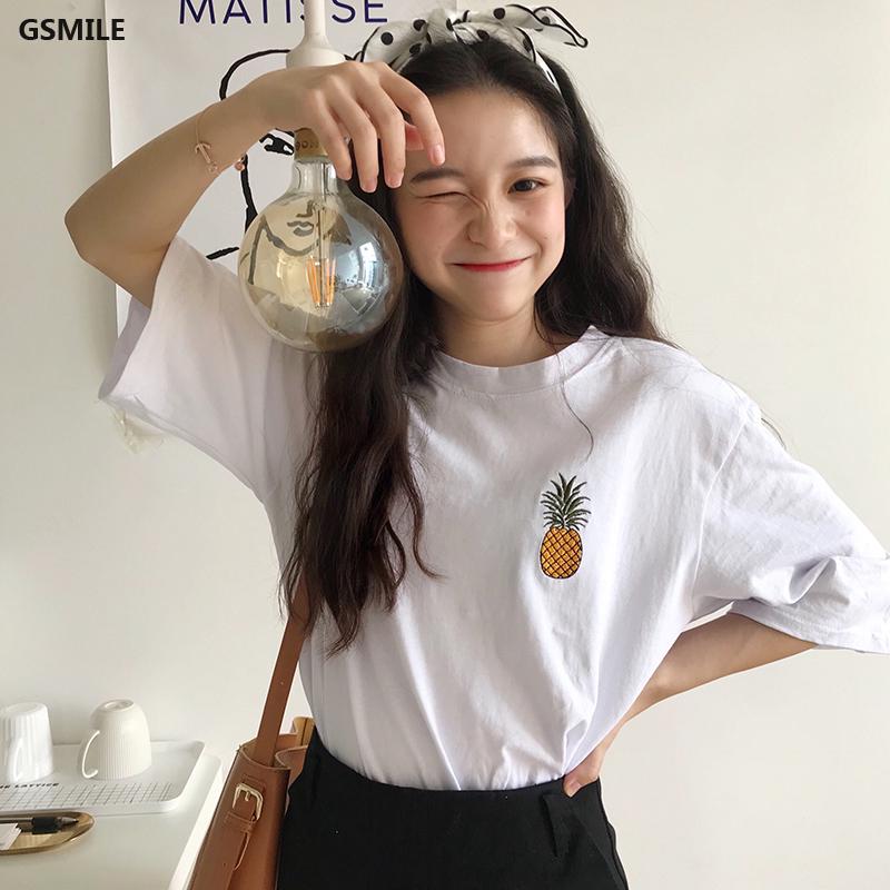 Women Pineapple Embroidery T-shirt Korean Fashion Simple Short Sleeve Tops Tee