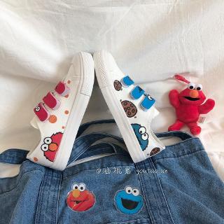 King Sesame Street Velcro Canvas Shoes Schoolgirl Hand-Painted Sneaker Harajuku Chic White Shoes Fashion