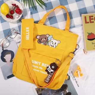 ◕Large-capacity canvas bag female cute all-match shoulder bag student cartoon backpack portable tutoring bag messenger b