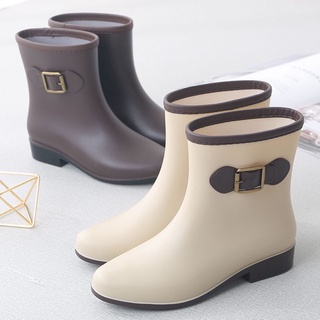 Rain shoes women's middle water shoes fashion short rain boots anti-skid flat bottom plastic Plush overshoes kitchen shoes adult water boots