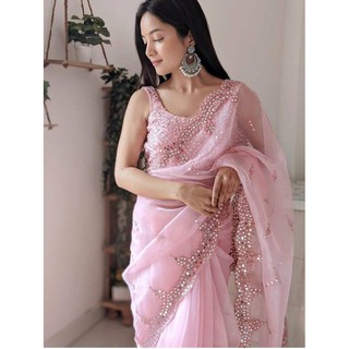WOMEN'S FANCY THREAD WORK SAREE WITH REAL MIRROR HAND WORK WITH TAFETA SILK BLOUSE