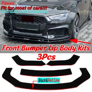 3PCS Universal Front Bumper Lip Spoiler RED LINE For Honda BMW Civic Mazda