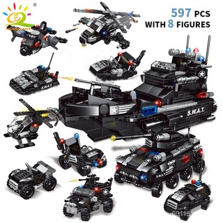 HUIQIBAO SWAT Police Missile Boat 597pcs 8in1 Building Blocks Set City Truck Brick with Policeman Construction Toys for
