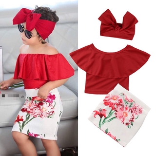 1BG-Canis Kid Baby Girls Tops Flower Skirt Dress Headband Outfit