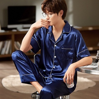 Men's pajamas ice silk short-sleeved trousers spring, summer and autumn thin new loose young students two-piece home ser男睡衣冰丝短袖长裤春夏秋季薄款新款宽松青少年学生两件套家居服weny1.sg08.11