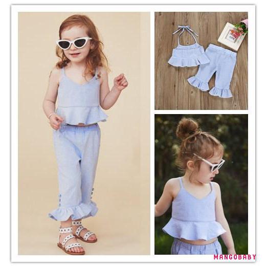 ☞MG-Toddler Kids Baby Girl Summer Stripe Ruffle Tops T-Shirt Flared Pants