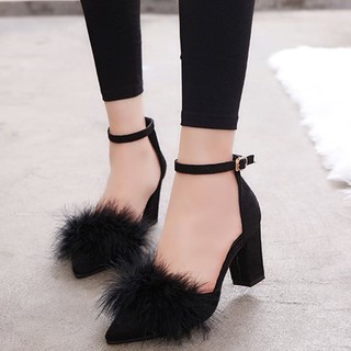 Women Pointed Toe Shoes High Heels Furry Ankle Strap