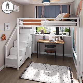 ARTISAM Nordic Wrought Iron Loft Bed Multifunctional Elevated Bed Bedroom Single Apartment Space Saving Iron Frame Bed