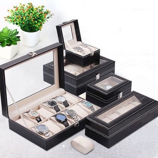 Watch Box Storage Case - PU Leather Accessories Glass Top Jewelry Organizer 6 10 12 20 Slots Watchbox