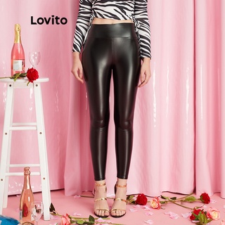 Lovito Basic Plain Faux Leather High Waist Slight Stretch Leggings L10095 (Black)