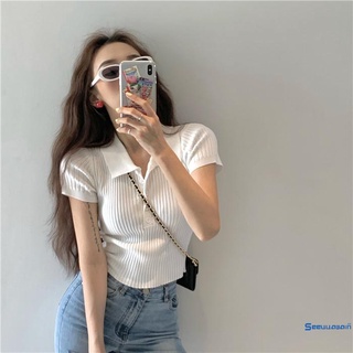 SEE-Women´s Button Front Tee Tops, Casual Short Sleeve Lapel Solid Color Rib Knit Slim Fitted Crop Tops