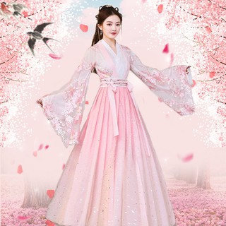 ❤2021 new style ancient costume clothes female students junior high school students waist Hanfu fairy skirt net gauze Chinese style princess suit cherry blossom