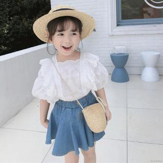 【DUDUBABA】Girls Clothes Set,Children Summer Short Sleeve Ruffle Lace Casual Tops+Denim Mini Skirt,Fit For 2-8 Years Old
