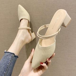 Women's Pointed Block Heels Mules Ladies Korean Style Mid-heeled Shoes