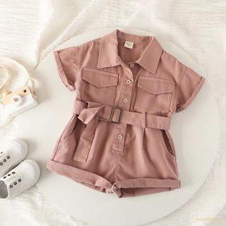 ◕ω◕Summer short sleeve children´s solid color jumpsuit, pockets and belt