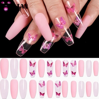 【WITH GLUE】XIANSTORE Acrylic False Nails Long Stiletto Ballerina Nails Coffin Fake Nail Nail Tips Manicure Manicure Tools French Ballerina Full Cover Butterfly Pattern 24pcs/box