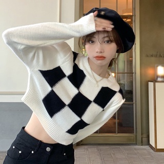 Knitwear Checkered Top Korean Version Round Neck Contrast Color Casual Navel-Exposed Knit Long-Sleeved