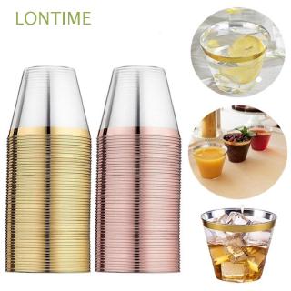 LONTIME Disposable Transparent Plastic Cup Gold Silver Rimmed Tableware for Wedding Birthday Party