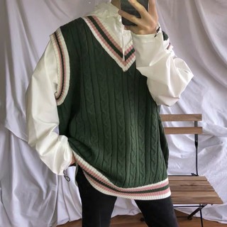 Sweater Vest 2 Colors Spring Autumn Waistcoat V-Neck British Preppy Style Knitted Trendy Korean Version Literary Student All-Match Couple Contrast Color Matching Boys Clothing