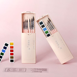 Portable Travel Solid Pigment Watercolor Paints and Watercolor brush Set for Student Drawing Art Supplies
