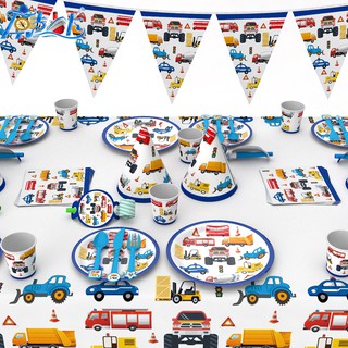Engineering Car Fire Truck Happy Birthday Disposable Tableware Theme Set