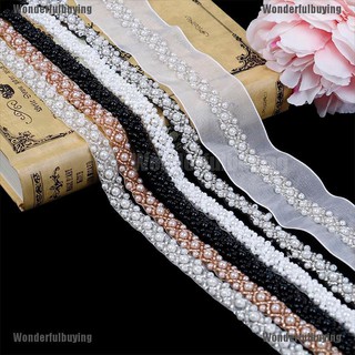 [Ready Wonderfulbuying] Beads lace trim white black ribbon for wedding dress decor sewing accessories