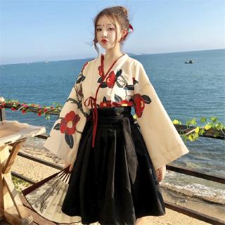Woman Japanese Kimono Summer Floral Haori Girls 2pcs Top and Skirt Outfits Full Sleeve Dress for Women