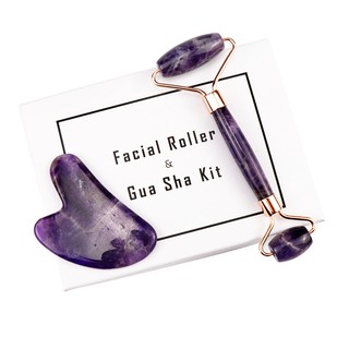 Purple Crystal Stone Jade Roller & Gua Sha Tool for Face 100% Natural Jade Stone Anti Aging - Authentic Natural
